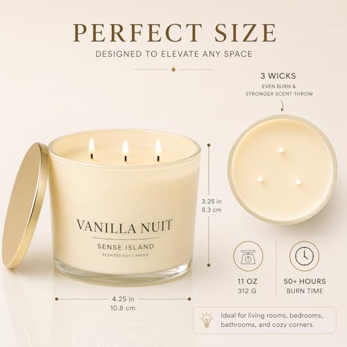 Luxury Vanilla Soy Candles, Large 3 Wick Jar Candle for Home | Up To 50 Hours Burn | 100% Natural Soy Wax, Beige Glass with Gold Lid, Luxury Gift for Women | Creamy Vanilla Scented