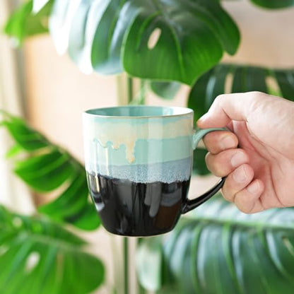 Bosmarlin Ceramic Coffee Mug Set of 4, 17 Oz, Coffee Cups with Big Handle, Microwave Safe, Unique Reactive Glaze(17 Oz, Pastel Blue) - color: Mint Drip