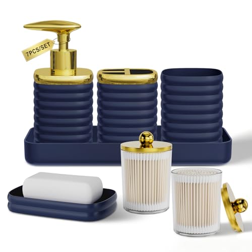 Bathroom Accessory Set - Gorgeous Bathroom Set, 7PC Navy Blue Bathroom Accessories Set, Soap Dispenser, Toothbrush Holder, Qtip Holder Set, Bathroom Accessories Sets Complete for Home - color: Navy Blue&gold