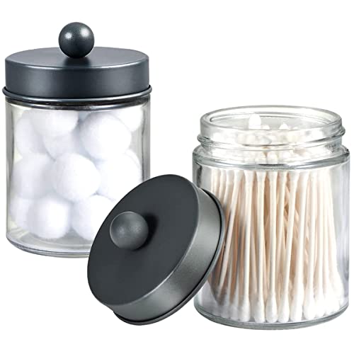 Amolliar Apothecary Jar Bathroom Storage Qtip Holder Glass, Grey 2Pack | for Bathroom Vanity Storage, Countertop, Farmhouse Style, Holds Cotton Swabs, Dental Floss, Makeup Sponges - color: Grey