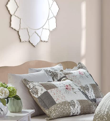 Brilliant Sunshine Pink Roses & Grey Toile Pillowshams Set, 20"x26"+2" | Patchwork Design, Quilted Standard Pillowcases, Washable Scallop Edge Pillow Covers, Pack of 2 - color: Rose Grey, size: 20 x 26 inches