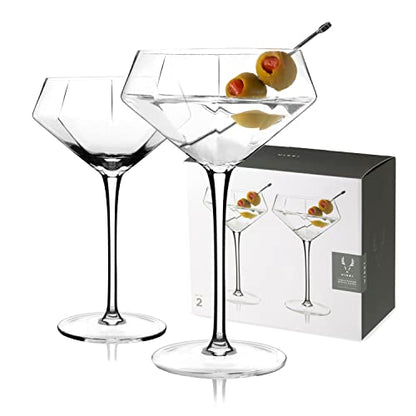 Viski Seneca Diamond Faceted Stemmed Coupe Glasses, Fancy Crystal Martini Glasses, Modern Glassware Perfect for Espresso Martini, Manhattan, Champagne Cocktails, Home Bar Accessories, 11 oz Set of 2 - size: 11 Ounces, style: Diamond Faceted Glasses (Set o