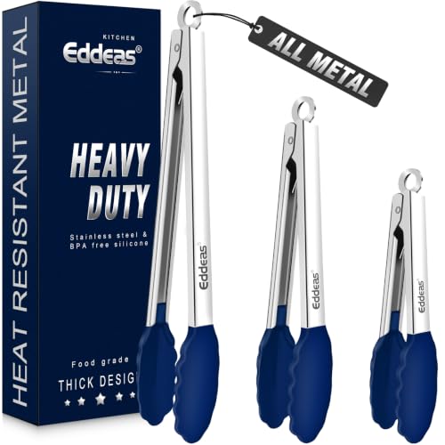 Tongs For Cooking - Silicone Metal Kitchen Tong 7" 9" & 12" Blue | 600°F Heat Resistant Silicone Tong, All Metal handle Locking Tongs with Silicone Tips, Heavy Duty Stainless steel - color: Blue Silicone Tip 3PCS, size: 7+9+12 inch