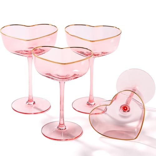 Pink Coupe Glasses Set of 4, Heart-Shaped Martini Glasses with Golden Rim, Fancy Manhattan, Cosmopolitan, Sidecar Cocktail Glassware for Christmas, Wedding, Birthdays - 8oz - size: 4 Count(Pack of 1)