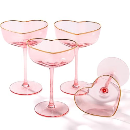 Pink Coupe Glasses Set of 4, Heart-Shaped Martini Glasses with Golden Rim, Fancy Manhattan, Cosmopolitan, Sidecar Cocktail Glassware for Christmas, Wedding, Birthdays - 8oz - size: 4 Count(Pack of 1)