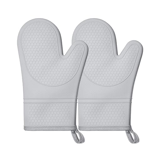 Silicone Oven Mitts Heat Resistant to 500°F – Non-Slip Waterproof Kitchen Gloves with Quilted Cotton Lining, 1 Pair (Grey)