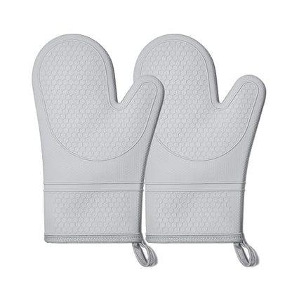 Silicone Oven Mitts Heat Resistant to 500°F – Non-Slip Waterproof Kitchen Gloves with Quilted Cotton Lining, 1 Pair (Grey)