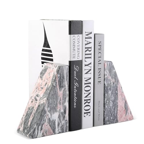 Marble Bookends for Shelves, Large Bookends for Heavy Books, Natural Stone Book Stopper for Books CD Movies, Aesthetic Decorative Book Ends (Grey&Pink) - color: Grey&pink