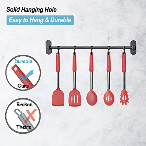 Silicone Spatula and Cooking Spoon,5 Pack Non-Stick Cooking Utensils for Kitchen，Heat Resistant Solid & Slotted Spoons and Spatulas, Stainless Steel Handle Coated with Silicone,Red - color: Red