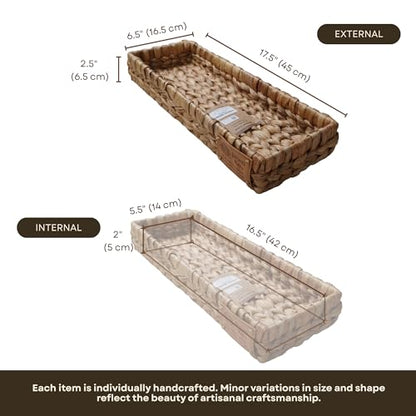 Handmade Water Hyacinth Wicker Storage Basket – Rectangle Organizer Bin for Shelves, Blanket, Bathroom, Closet, Toilet Tank – Decorative & Durable (1, 17.5"x6.7"x2.5") - size: Tray: 17.5x6.5x2.5"