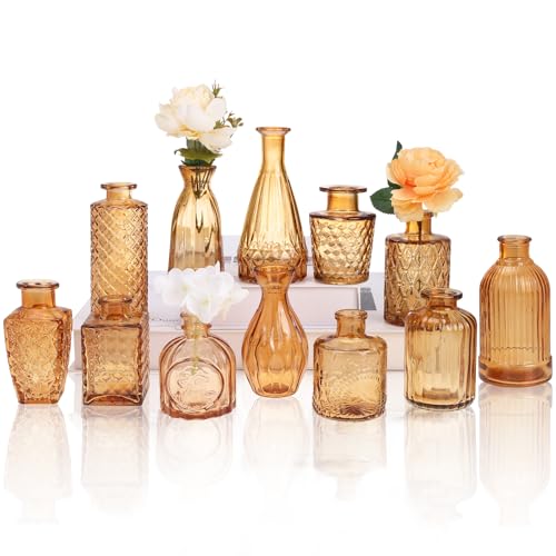 CUCUMI 12pcs Bud Vases for Centerpieces, Amber Gold Glass Vase Set | Small Vintage Vases for Centerpieces, Decorative Flower Vases for Wedding Home Table Decor - color: Amber, size: 12pcs