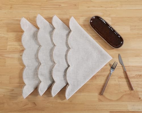 100% Pure Linen Scalloped Embroidery Cloth Napkins 20’’x20’’ for Dinners, Parties, Weddings, Decorative Halloween, Spring, Easter, Set of 4 Pcs, Natural Linen(Edge-Gold) - color: Linen(edges-gold), size: Napkins 20''x20'' (Set of 4)