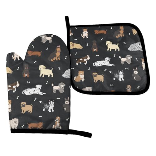 Perinsto Puppy Dogs Animal Black Oven Mitts & Pot Holders Kitchen Set Heat Resistant Decorative Cooking Gloves Microwave Oven Gloves for Baking Grilling BBQ - color: Dogs Black, size: Set of 2