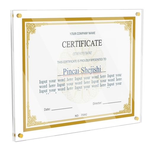 8.5x11 Acrylic Diploma Frame,Clear Floating Picture Frame for Wall No Drill | Frameless Picture Frame Photo Frame, Acrylic Frame for Diploma Certificate Degree Document & Artworks Display - color: Gold Screw, size: 8.5X11 Straight edge