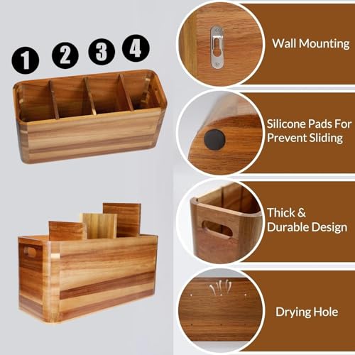 Kitchen Utensil Holder for Counter or Countertop, Extra Large Acacia Wood Organizer with 4 Compartments, Wooden Utensil Holder for Cooking and Silverware, Rustic Wood Container Sturdy Utensil Crock