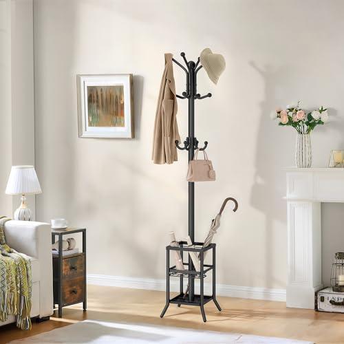 FAVOOSTY Coat Rack Freestanding,Coat Rack Stand with Umbrella Holder,Metal Coat Tree with 12 Hooks,Tree Clothes Hat for Entryway, Hallway, Bedroom, Living Room & Office -Black - color: Black