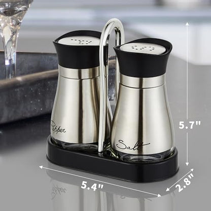 Lonffery Salt and Pepper Shakers Set | Stainless Steel Salt Containers with Glass Bottle for Table, RV, Camp, BBQ, Set of 2 - color: Black