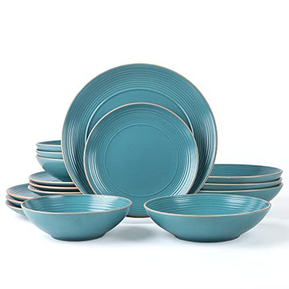 Arora RINGAR Round Stoneware 16pc Double Bowl Dinnerware Set for 4, Dinner Plates, Side Plates, Cereal Bowls, Pasta Bowls - Speckle Matte Turquoise (428525) - color: Speckle Matte Turquoise-Cereal/Pasta Bowl, style: Round-Service for 4(16pcs)