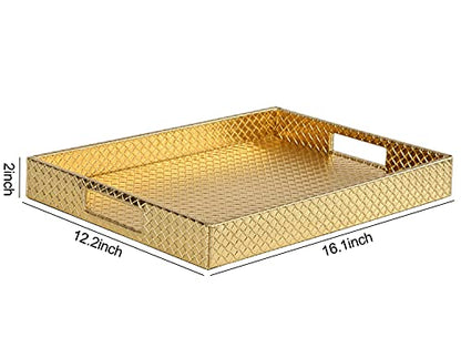 HofferRuffer Rectangle Serving Tray with Hole Handles for Coffee Table, Breakfast, Tea, Food, Butler - Countertop, Kitchen, Vanity Serve Tray, 16.2 x 12.2 x 2 inches, Faux Leather (Gold) - color: Gold