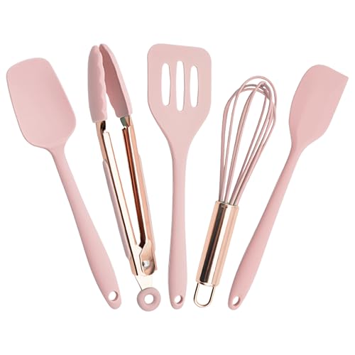 Kitchen Utensil Set,5 Pcs Mini Silicone Cooking Utensils Sets,Heat Resistant Non Stick Kitchens Gadgets BPA-Free Spatula Set,Kitchen Set for Cooking(Pink) - color: Pink