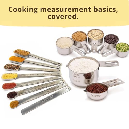 Measuring Cups and Spoons Set of 15, Stackable Cups, Long Handle with Leveler Fits Narrow Jars, 304 Premium Stainless Steel, Kitchen Gadgets for Liquid & Dry Ingredients Cooking Baking - size: 15 Piece Set