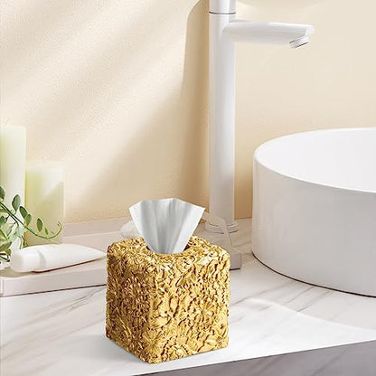 Polytree Square Tissue Box Cover,Tissue Box Holder for Bathroom Home Decor,Hand Carved 3D Florwers Tissue Case,Farmhouse Paper Organizer,Sunflowers Gold