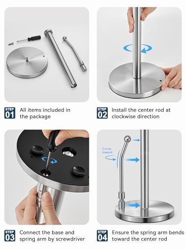 SMARTAKE Paper Towel Holder Countertop, Non-Slip Weighted Base, Silver | Freestanding Kitchen Roll Dispenser, Rustproof Stainless Steel, Spring Arm for Easy Tear, Widden Top, with 4 Suction Cups - color: 01-silver