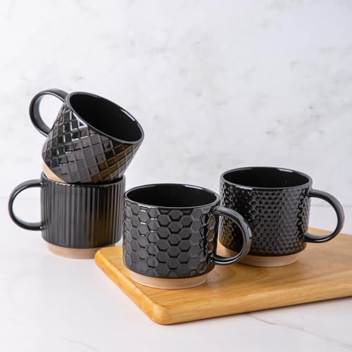 GBhome 12 OZ Stackable Coffee Mugs Set of 4, Ceramic Black Coffee Cups Set | 4 Assorted Designs, Embossed Mugs with Texture Patterns for Tea/Coffee, Dishwasher&Microwave Safe, Black - color: Black, size: 12 Ounces