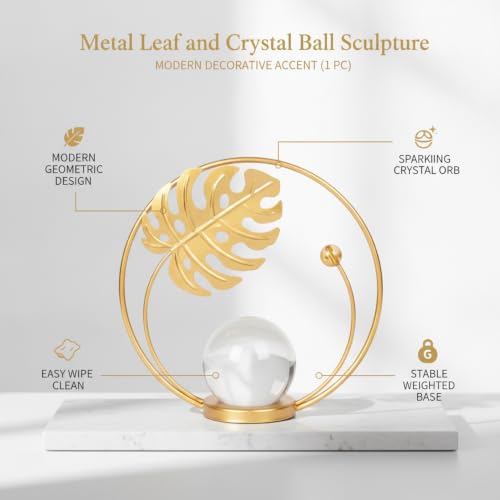 for Shelf, Desk, or Console Table Display: Modern Geometric Metal Leaf and Crystal Ball Sculpture Accent (1 PC) - size: 5.31 x 5.31 x 5.31 in