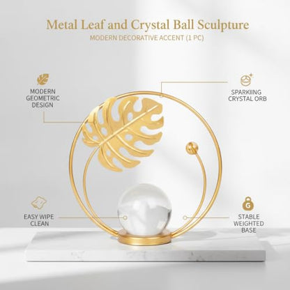 for Shelf, Desk, or Console Table Display: Modern Geometric Metal Leaf and Crystal Ball Sculpture Accent (1 PC) - size: 5.31 x 5.31 x 5.31 in