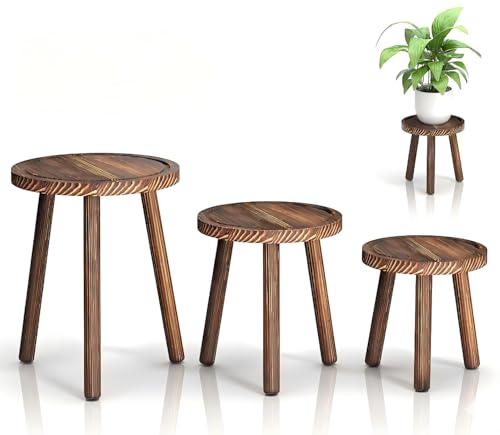 3-Pack Wood Plant Stands Indoor, Single Plant Stand for 6-12 Inch Pots, Mid-Century Modern Plant Stool, Tall Plant Stand for Large Plants Perfect Fit for Living Room, Balcony, Office - color: heavy burnt color, size: 3 Pack