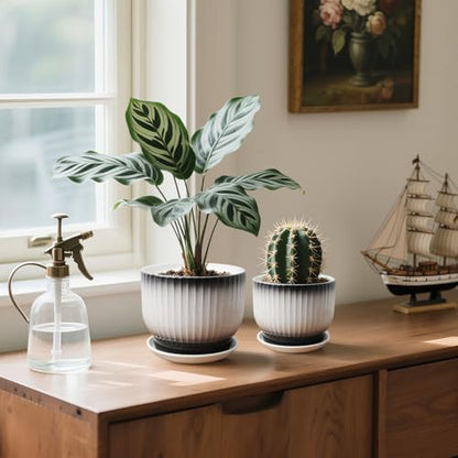 6.7 + 5.5 Inch Ceramic Plant Pots,Set of 2,Planters with Drainage and Saucer,Indoor Pots for Plants,Modern Flower Pots for Home and Office（Black + White） - color: Black + White