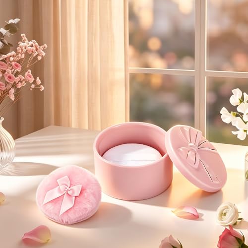 ELLDOO Body Powder Puff and Container, Wedding Bridal Shower Gifts (Pink) | Ceramic Loose Dusting Powder Storage Box with 2pcs Powder Puffs for Baby Women, Jewelry Trinket Box with Bow Lid - color: Pink