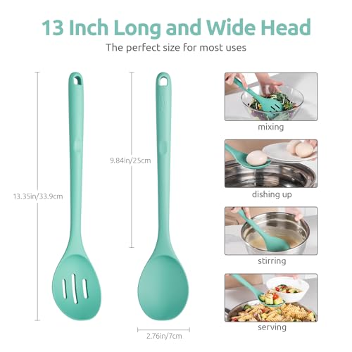 U-Taste 600ºF Silicone Spoon Set 13.3in Solid Slotted 2PCS & Spatula Set Heat Resistant & 600ºF Tongs Set 9 12inch Nonstick Stainless Handle(Aqua Sky)