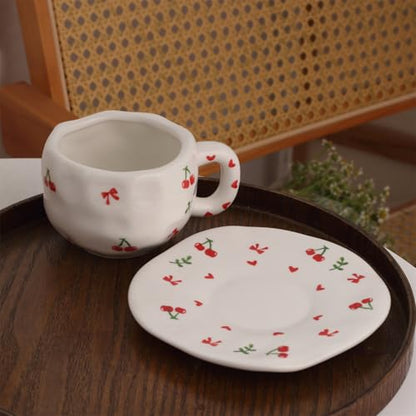 TREEWOO Hand Painted Cherry Ceramic Coffee Cup and Saucer Set, 300ml/10 oz, Korean Style, Hand Pinched Irregular Cappuccino Latte Tea Cup - color: Cherry