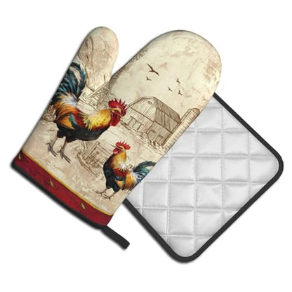 Farm Rooster Oven Mitts and Pot Holder Set of 2 Rustic Chicken Kitchen Potholders Heat Resistant Oven Glove for Baking Cooking Grilling BBQ - color: Farm Rooster