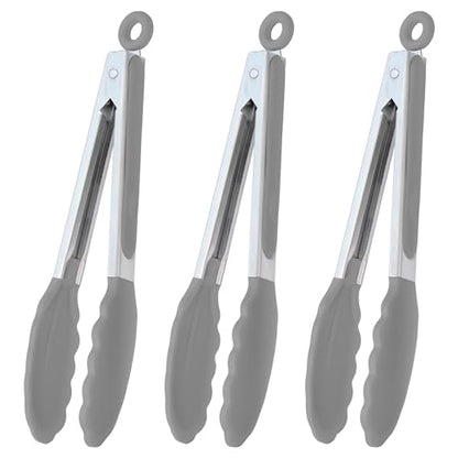HINMAY Locking Kitchen Tongs with Silicon Tips 9-Inch, Set of 3 (Gray) - color: Gray