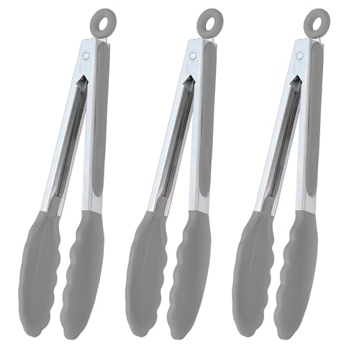 HINMAY Locking Kitchen Tongs with Silicon Tips 9-Inch, Set of 3 (Gray) - color: Gray