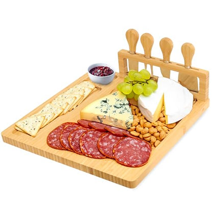 Bamboo Cheese Board and Knife Set with Magnetic Holder | Serving Tray for Crackers, Meat, and Wine - Anniversary and Wedding Gift - style: Cheese Board Set with Magnet Holder