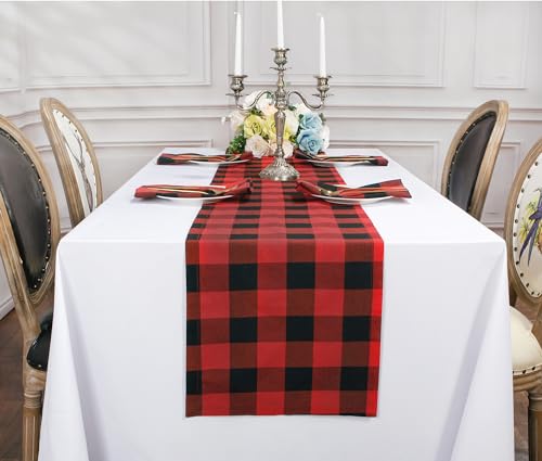 Buffalo Plaid Cotton Blend Table Runner, Classic Farmhouse Checkered Table Runner, 14x72-Red and Black - color: Red and Black, size: 14*72inch