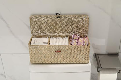 3 Section Seagrass Storage Basket, Handmade Shelf Baskets with Lid for Bathroom/Closet/Livingroom - color: Whitewash 3 Section with Lid
