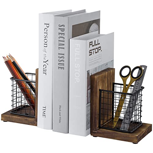MyGift Book Ends for Desk, Decorative Farmhouse Bookends for Heavy Books with Pen Holders, Office Supplies Storage Baskets, Rustic Burnt Wood and Matte Black Metal Wire Basket, 1-Pair