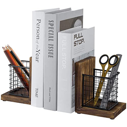 MyGift Book Ends for Desk, Decorative Farmhouse Bookends for Heavy Books with Pen Holders, Office Supplies Storage Baskets, Rustic Burnt Wood and Matte Black Metal Wire Basket, 1-Pair
