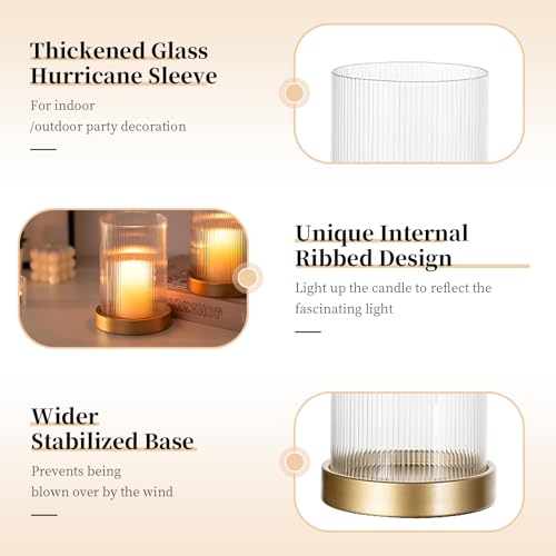 Glasseam Hurricane Glass Candle Holder: Gold Pillar Candle Holders Set of 2 Ribbed Glass Cylinder Covers with Metal Candle Tray Modern Candle Holders for Table Centerpiece Living Room Decorations | 3.94''x5.71'' Ribbed Open-End Sleeve, Fit 4'' Pillar Cand