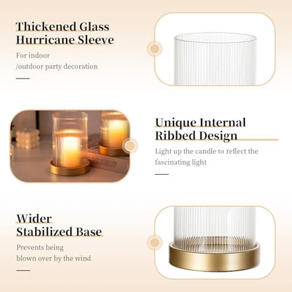 Glasseam Hurricane Glass Candle Holder: Gold Pillar Candle Holders Set of 2 Ribbed Glass Cylinder Covers with Metal Candle Tray Modern Candle Holders for Table Centerpiece Living Room Decorations | 3.94''x5.71'' Ribbed Open-End Sleeve, Fit 4'' Pillar Cand