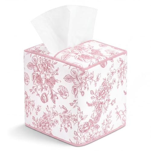 Pink Fabric Tissue Box Cover Floral Print Cotton Tissue Box Decorative Square Napkin Holder Vintage Cottagecore Home Decor for Bathroom Bedroom Vanity Countertop Home Office Kitchen - color: Pink, style: Classic