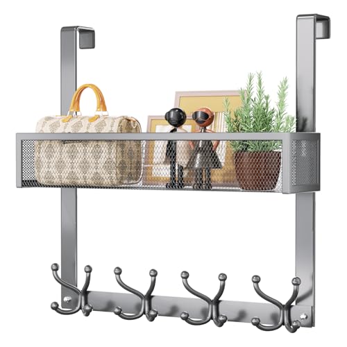 Consumest Over The Door Hooks Organizer - 2 Tier Over Door Hanger with 16 Hooks & 2 Baskets for Hanging Coat, Clothing, Towel, Back Storage for Bathroom, Closet, College Dorm, Grey - color: Gray, size: 2 Tier