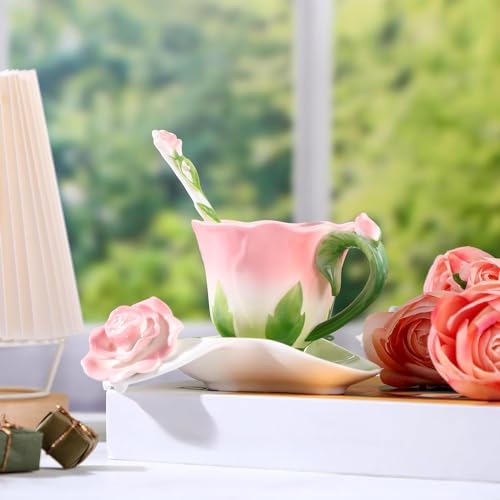Dandat Ceramic Rose Tea Cups and Saucers with Spoon Rose Flower Shaped Cup and Sauce Set Cute 6oz Tea Cups Flower Mug Mother's Day Grauation Birthday Appreciation Teacher Gifts for Home Office Kitchen