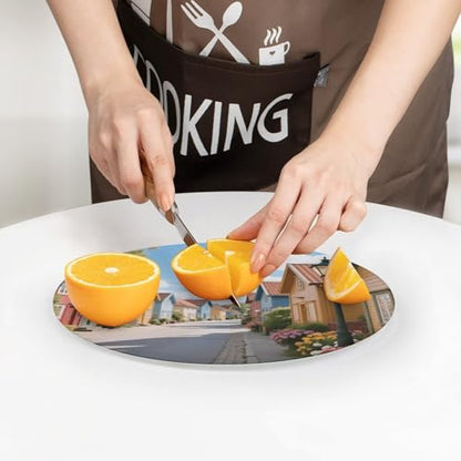Cutting Board Colorful Wooden Houses Printed Cheese Delicatessen Cutting Board Round Tempered Glass Suitable for Kitchen Table Centerpiece