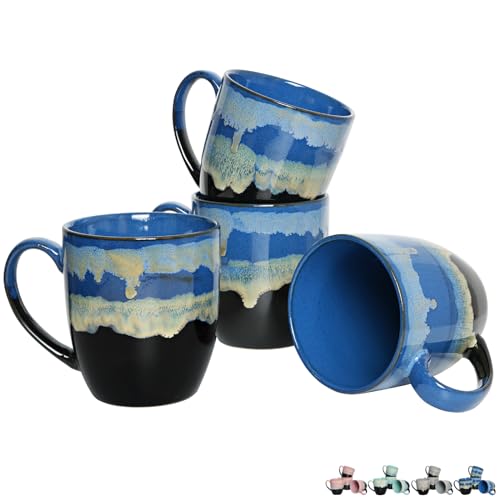 Bosmarlin Ceramic Coffee Mug Set of 4, 17 Oz, Coffee Cups with Big Handle, Microwave Safe, Unique Reactive Glaze (17 Oz, Blue) - color: Ocean Drip